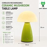 Lampe de table en céramique rechargeable en forme de champignon, USB-C, 3 températures de couleur, à intensité variable par toucher, sans fil, pour la décoration de la maison et des hôtels