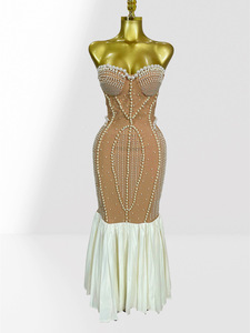 slim fit dress slacks Mermaid Gold-White Beaded Dress with One Shoulder Sleeve M main image 1