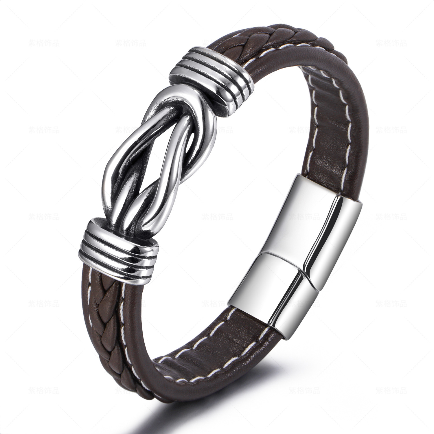 Cuir marron + métal en acier inoxydable