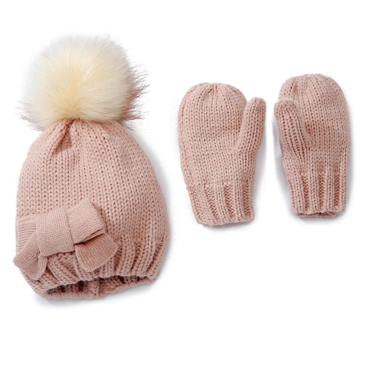 Ivy41442A Prinzessin Baby Mädchen süße süße Schleife Hut und Fäustling Winter Kind Pom Pom Strick Mütze mit Handschuhen gesetzt