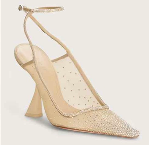 Escarpins de soirée élégants sur mesure pour femme, à bout pointu, talon <span class=keywords><strong>transparent</strong></span>, ornés de cristaux, en maille <span class=keywords><strong>nude</strong></span>, avec bride de cheville - Product Image 1