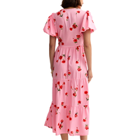 Robe midi rose à fleurs pour femme, manches bouffantes, avec liens latéraux, à volants, décontractée, pour l'été, vente en gros