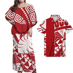 Ropa de pareja de gran oferta OEM, vestido de noche para mujer, camisa a juego para hombre, estampado de patrón polinesio, vestido blanco elegante para mujer - Product Image 2