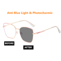 Lunettes anti-lumière bleue photochromiques pour femmes, monture carrée surdimensionnée en métal, couleurs patchwork, photogray, anti-reflet, anti-UV400