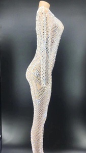 Tenue de soirée Sexy transparente avec perles et strass, tenue de Club, chanteur, danse, justaucorps, body moulant pour femmes, combinaison une pièce brillante - Product Image 5