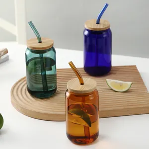 Taza de vidrio borosilicato para zumo de café, vaso de cristal con tapa y pajita personalizable