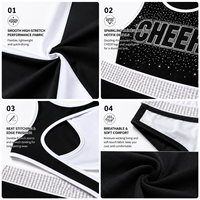 Ensemble de soutien-gorge et short de cheerleading personnalisé noir et blanc avec logo en strass et dos croisé à découpe en goutte d'eau pour l'entraînement