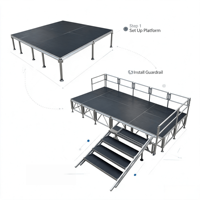 Plateforme de scène portable en aluminium avec garde-corps et escalier, scène noire antidérapante pour événements, conférences et spectacles