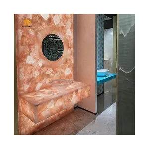 定制浪漫风格浴室装饰背光玫瑰石英梳妆台顶部和墙板