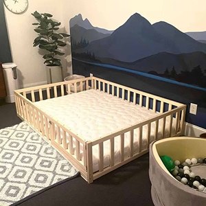 Twin Floor <b>Bed</b> Frame With Safety Guardrails Montessori Kids Slats Convertible Door Natural Wood Montessori Floor <b>Bed</b> - Product Image 3