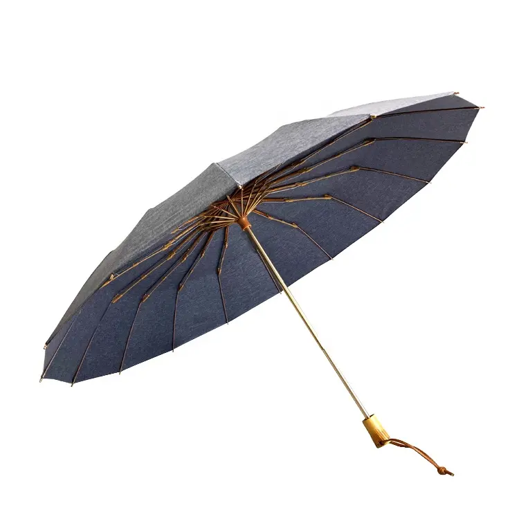 Nieuwe Ontwerp Chiffon Doek Houten Handvat Goud 16 Ribben 3 Opvouwbare Waterdichte Handmatige Paraplu