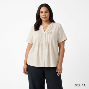Camicetta Minimalista Byron Bay Plus Size in <span class=keywords><strong>Lino</strong></span> e Cotone, <span class=keywords><strong>Camicia</strong></span> Estiva con Scollo a V Vestibilità Rilassata Stile Costiero da <span class=keywords><strong>Donna</strong></span> S-5X, Personalizzabile all'Ingrosso - Product Image 1