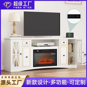 Wooden floor cabinet with fireplace, TV stand, <b>sliding</b> barn door, American country style, media room - Product Image 5