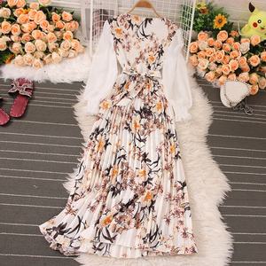 Robes décontractées Robes imprimées plissées élégantes à manches longues pour filles Robe de plage amincissante pour femmes - Product Image 3