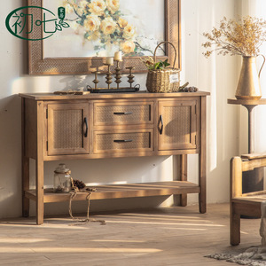 American Retro Entryway Cabinet Distressed Wood 3 Compartment Storage Living Room Furniture - Product Image 2