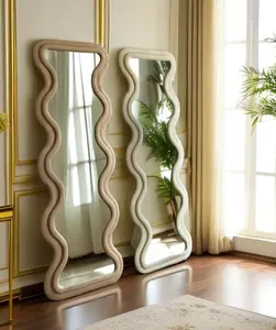 Factory supplier wood framed irregular velvet long floor dressing espejos wavy mirror full length