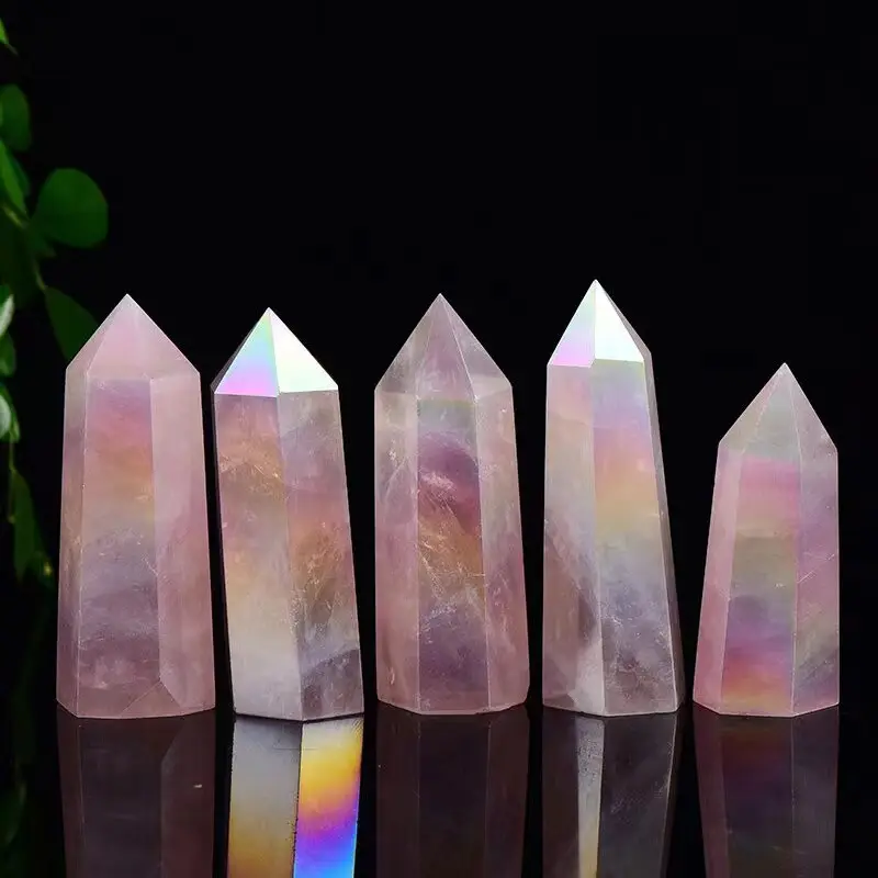 Wholesale Natural Aura Crystal Point Rose Quartz Wand Point Crystal Crafts