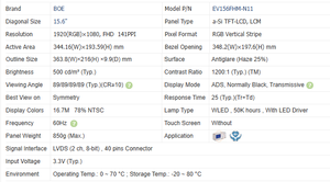 EV156FHM-N11 Prix de gros BOE Écran LCD IPS 15,6'' FHD 500 nits rétroéclairage WLED 40 broches LVDS TFT pour applications industrielles et médicales - Product Image 2