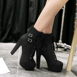 Botas Femininas Plus Sexy com Salto Alto, Bico Redondo, Plataforma em PU, Botas de Tornozelo com Cadarço - Product Image 2