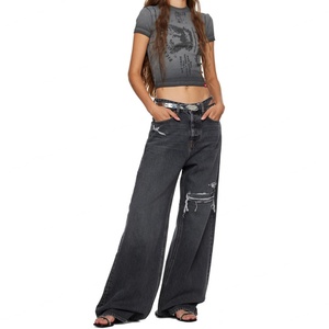 Vaqueros anchos de mezclilla gris desgastado para mujer, de tiro bajo, con rotos y pierna recta, estilo baggy - Product Image 4