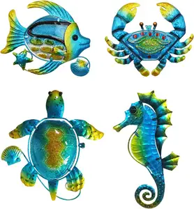 Wall Sculptures Metal Outdoor Wall Art Decor, Beach Pool Sea Decor Theme with Metal Sea Turtle Fish Crab and Seahorse Decor