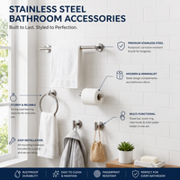 Ensemble d'accessoires de salle de bain 4 pièces en acier inoxydable argenté poli, avec miroir mural moderne, barre porte-serviettes, porte-papier et patère porte-peignoir