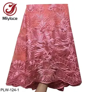 Wholesale Price New Pearls Pink African Embroidery French Lace Fabric with Stones