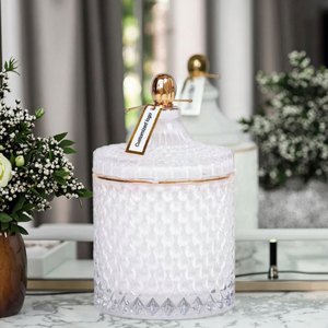 <span class=keywords><strong>Portacandele</strong></span> in Vetro di Lusso Vuoti all'Ingrosso con Bordi Dorati e <span class=keywords><strong>Portacandele</strong></span> Bianchi con Coperchi per Decorazioni Matrimoniali - Product Image 1