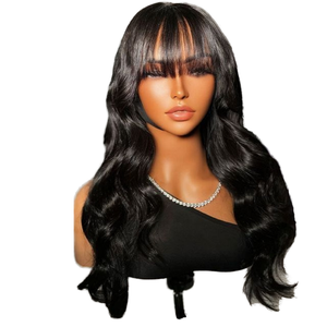 Perruque Lace Front 13x5 sans colle, ondulée, avec dentelle transparente pré-coupée, cheveux Remy, longueur moyenne, frange rideau - Product Image 1