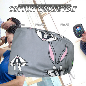 Chapeau de bloc opératoire gris en sergé de coton réglable, style dessin animé, pour infirmière, couvre-barbe chirurgical pour hôpital et salon - Product Image 2