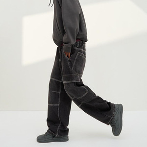 Pantalones Cargo de Carpintero OEM <span class=keywords><strong>Demin</strong></span> 2026 con Degradado Negro, Costuras Ligeras, Dobladillo con Cordón, Holgados y Anchos para Ocio y Trabajo - Product Image 3