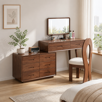 Coiffeuse en bois massif avec miroir LED rectangulaire rétractable, 8 tiroirs de rangement et chaise assortie