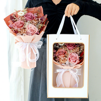 Buket Mawar Abadi Kering Alami Warna Pink Antik dalam Kotak Persegi untuk Pernikahan, Natal, Hari Valentine