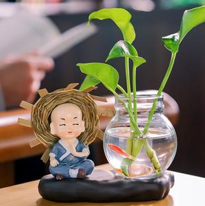 Resin Little Buddha <strong>Monk</strong> Figures With Flower Arrangements Hydroponic Green Dill Vase - Product Image 3