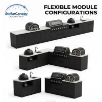 Meubles de cuisine extérieurs modulaires modernes en acier inoxydable 304 avec finition laquée, barbecue, évier résistant aux intempéries, rangement et espace repas