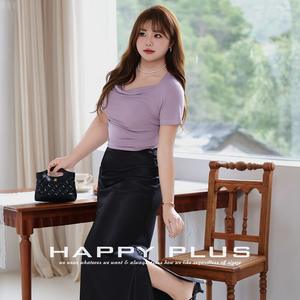 Camiseta de punto de manga corta para mujer, talla grande, ajustada, color liso, con diseño de cuello colgante, morado y negro, de la colección Loving You - Product Image 2