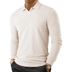 FOXA Men's Polo Shirt Long Sleeve V Neck Knitted Cotton Breathable Casual Dress Golf Shirt - Product Image 1