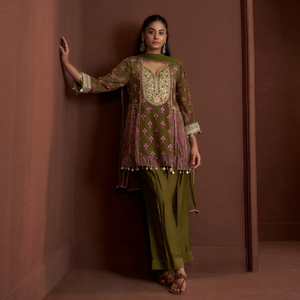 Olive Green Crepe Embroidered <b>Kurta</b> Palazzo Set With Dupatta <b>For</b> <b>Women</b> Ethnic Wear Available <b>for</b> Wholesale Purchase - Product Image 1
