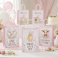 Tas Hadiah Ulang Tahun Pertama dengan Logo Custom KM, Hewan Ternak Domba Anak Ayam Anak Sapi, Motif Gingham Pink, Tas Souvenir Ulang Tahun Pertama yang Manis