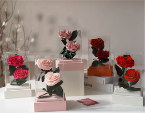 Vente en gros de 2 roses éternelles en forme de cœur, présentoir en acrylique, centre de table double fleur éternelle, cadeau pour <span class=keywords><strong>la</strong></span> Saint-Valentin, décoration intérieure - Product Image 6