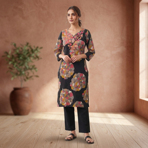 Vestido tipo túnica para mujer, negro, bordado, tejido, 100% algodón, transpirable, informal, para uso diario, cuello en V, estampado floral, manga 3/4 - Product Image 3