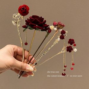 Épingles à cheveux vintage en forme de rose avec pompon, accessoires pour femmes, épingles à cheveux noires et rouges, bâtonnets à cheveux, bijoux pour coiffure - Product Image 1