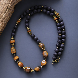 Collar de cuentas de ojo de tigre natural con roca volcánica para hombre, joyería vintage para parejas, regalo, origen Jinhua, forma redonda - Product Image 1