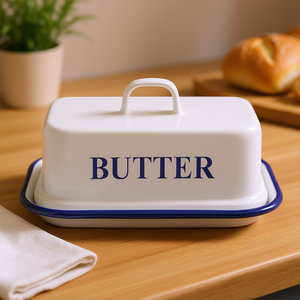 จานใส่เนย ฮูซัม เอนาเมล สีขาว ขอบสีน้ำเงิน ที่เก็บเนย ภาชนะเก็บของในครัว - Product Image 3