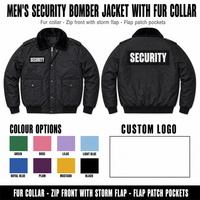 Blouson Bomber de Sécurité pour Homme avec Col en Fausse Fourrure, Manteau d'Hiver Chaud pour Agent de Sécurité, Veste à Fermeture Éclair avec Rabat Anti-Intempéries, Patch de Sécurité Personnalisé