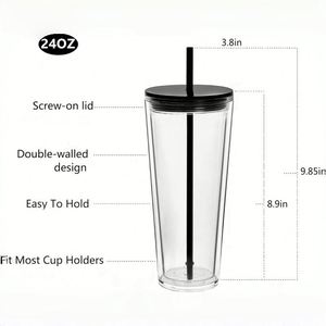 Custom LOGO 24oz Clear <b>Tumblers</b> <b>with</b> Lid and <b>Straw</b> Leak Proof and Double Wall Insulated Reusable Plastic <b>Cups</b> for Travel Parties - Product Image 2