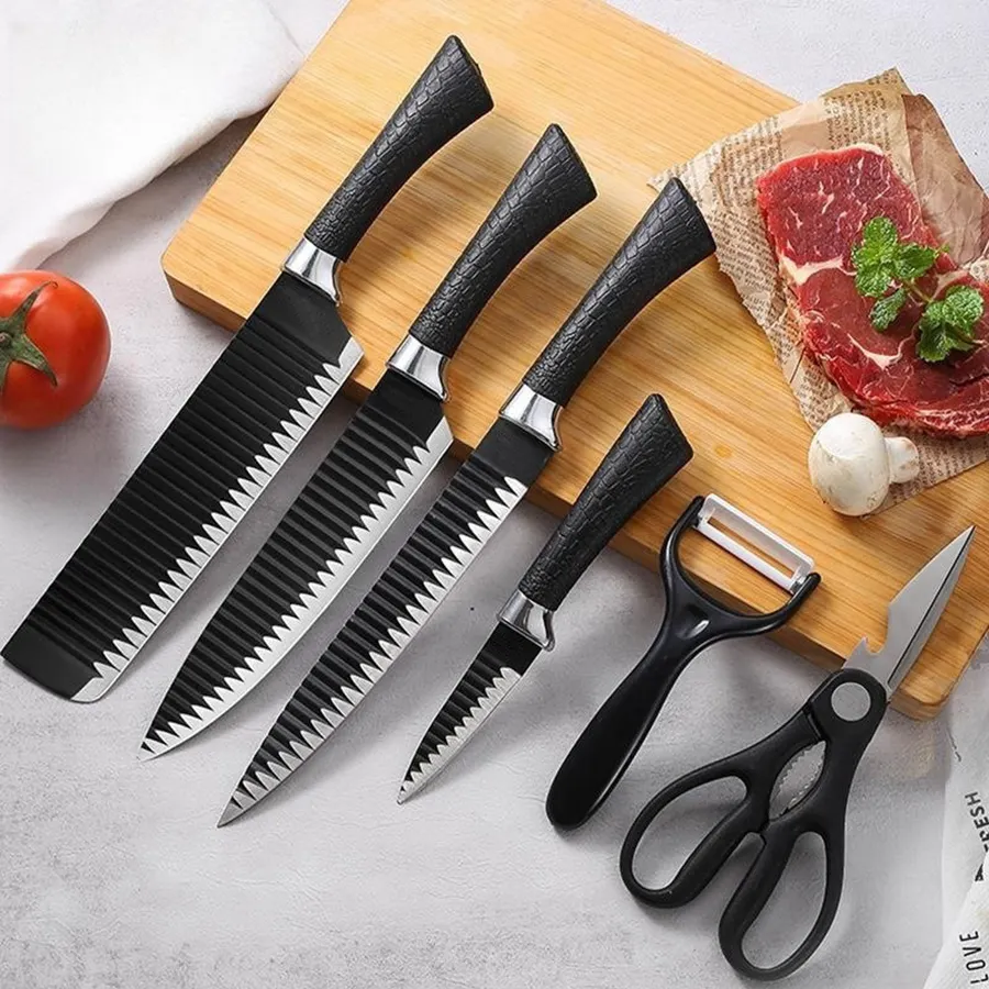 Grosir pisau dapur hitam bergelombang 6 buah set pisau baja tahan karat Bisnis