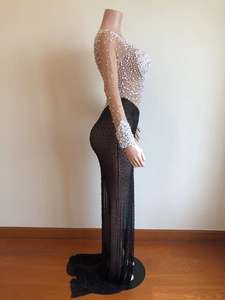 Produttori di <span class=keywords><strong>Abbigliamento</strong></span> Personalizzato, Abiti da Sera Sexy Trasparenti con Spacco Laterale, Costume da Festa con Cristalli Lucenti e Perle per Donne - Product Image 4