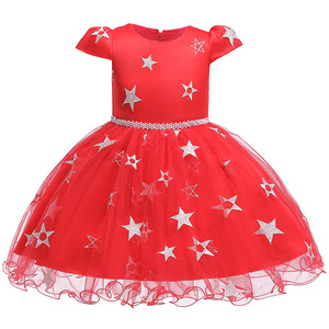 Vestido de tul bordado con estrellas rojas para niñas, vestido de princesa con cuello redondo y corte en A, verano 2019 - Product Image 5