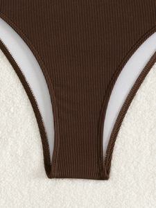 Women Brown Ribbed Bikini <b>Set</b> <b>Square</b> Neck High Waist 2 Piece Swimwear Stretch Knitted Beachwear - Product Image 5